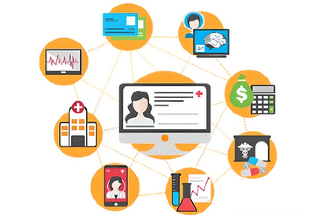 Ilustración mostrando la interconectividad y utilidad de las tecnologías digitales en la atención sanitaria. 