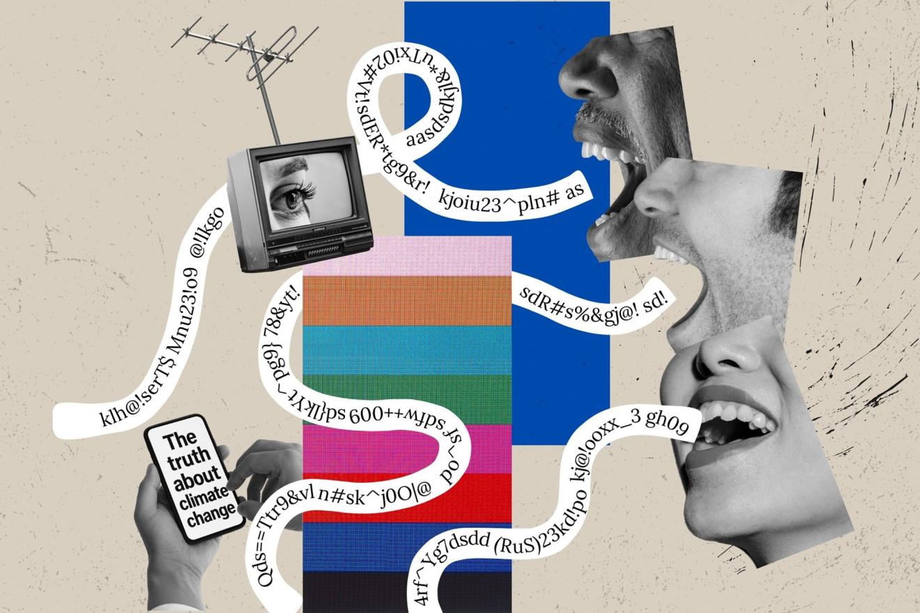 A collage featuring various elements: an old television with an eye displayed on the screen and an antenna on top, three faces with open mouths and curved white ribbons with random alphanumeric characters.