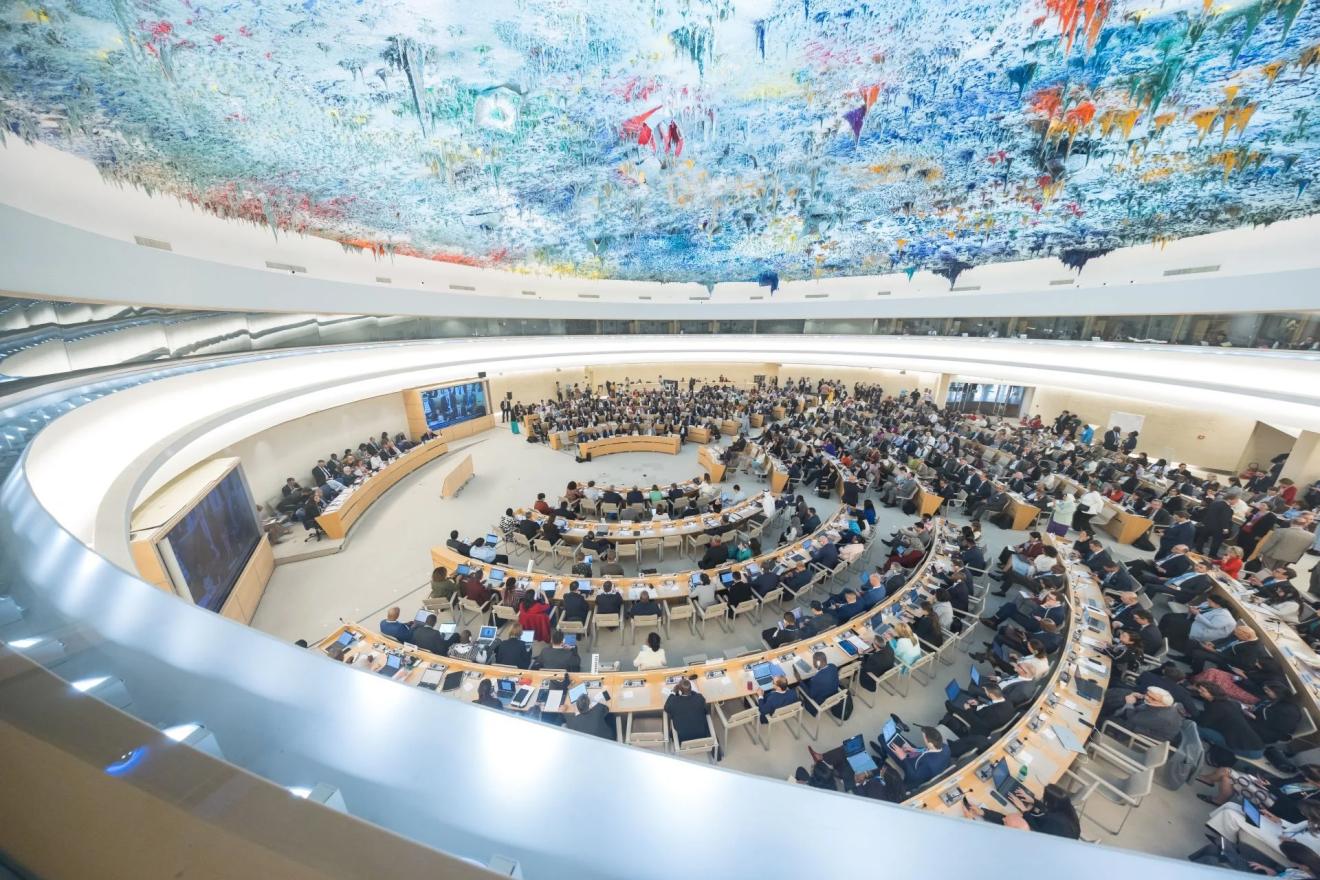 Una foto de la asamblea de la OMS en sesión.