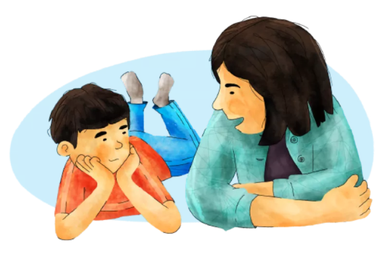 An illustration of a woman and child talking.