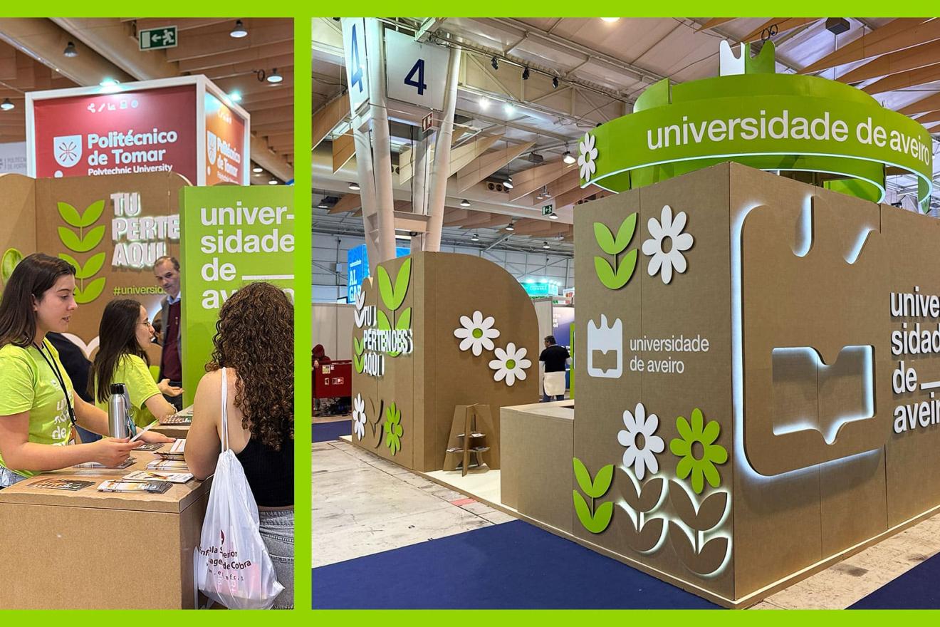 Two photos of the University of Aveiro’s eco-designed booth at an indoor education fair. The stand is made of cardboard with green and white floral graphics and the university’s logo. In one image, student representatives speak with visitors at an informa