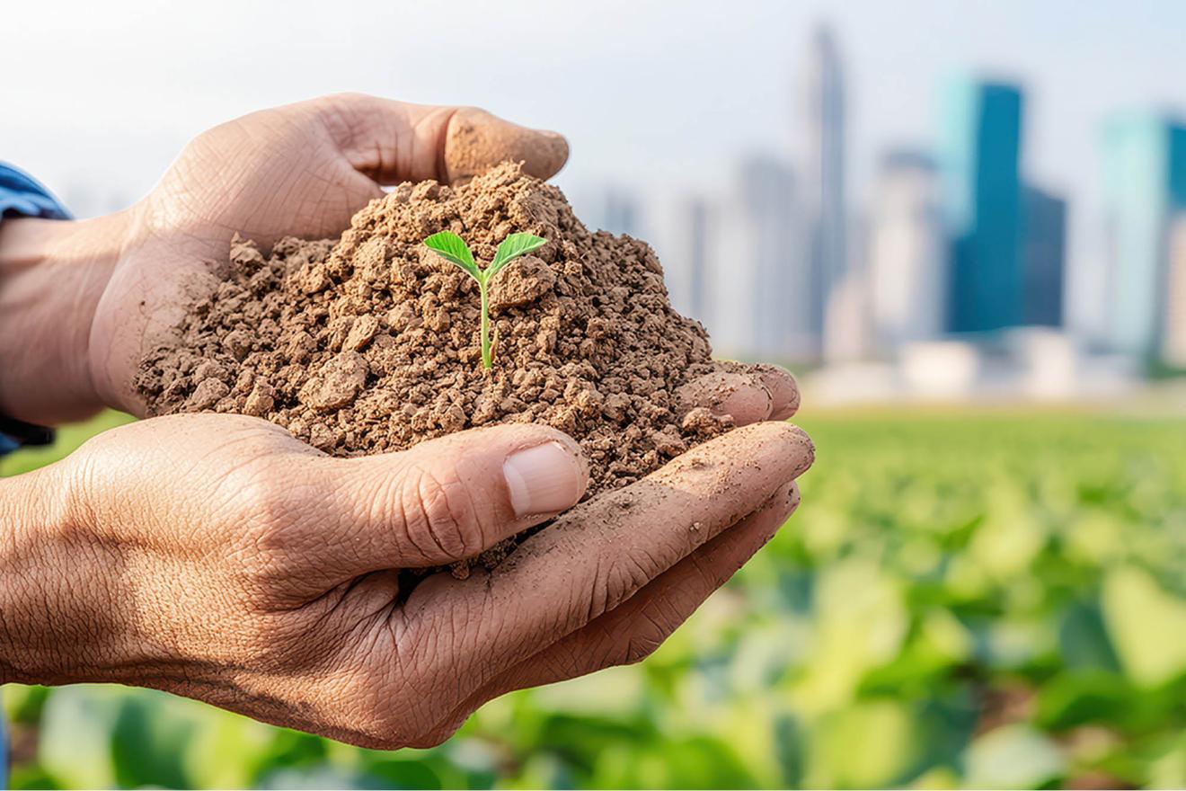 Deux mains avec de la terre et une pousse avec en arrière plan une ville floue.