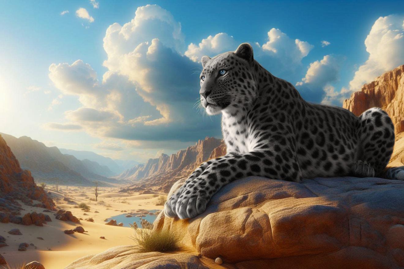 An AI generated image of an Arabian Leopard resting on top a stone.
