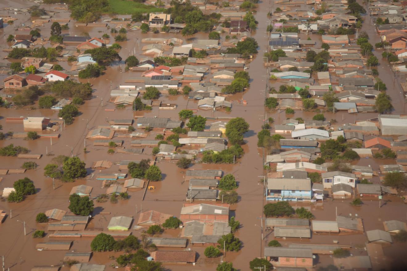 Flooded residential area from above.