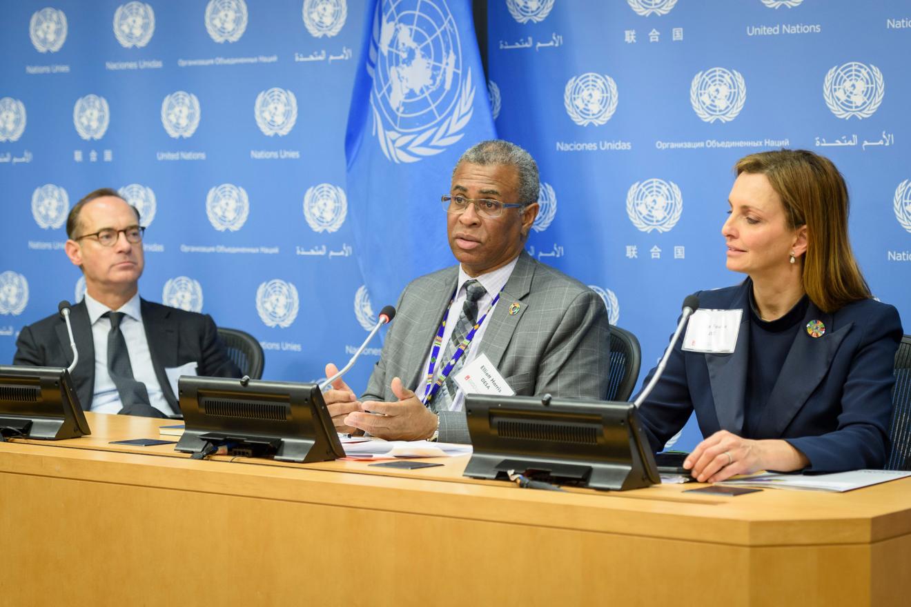 UN Chief Economist Elliott Harris speaks at press conference of the Global Investors for Sustainable Development Alliance
