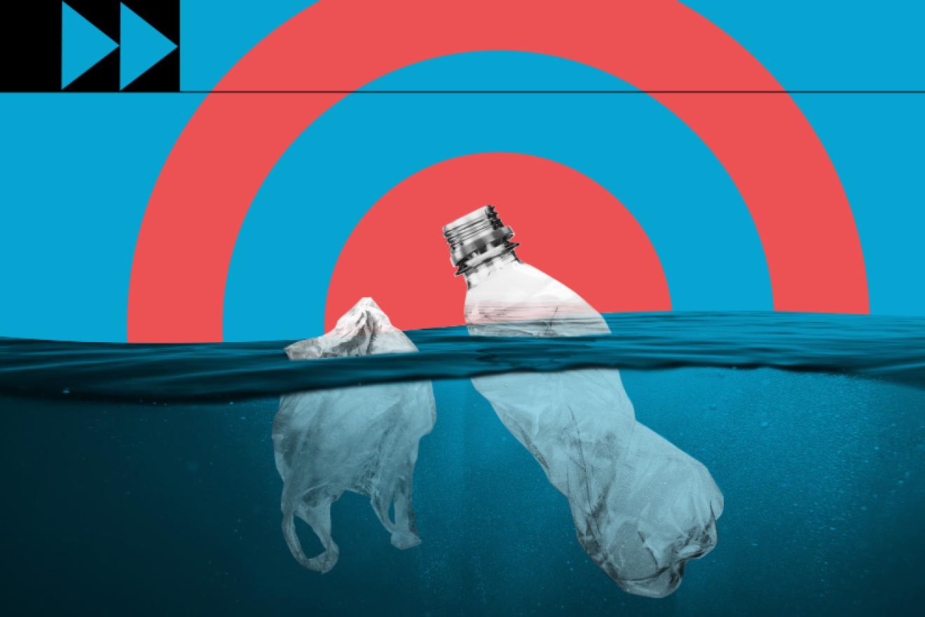 Illustration of an plastic bottle and plastic bag floating in the ocean