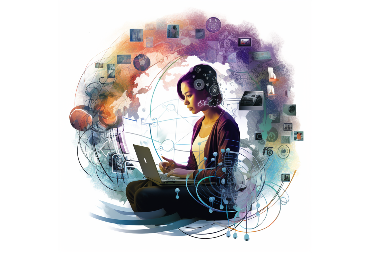 在笔记本电脑上工作的女人被思想的象征所包围