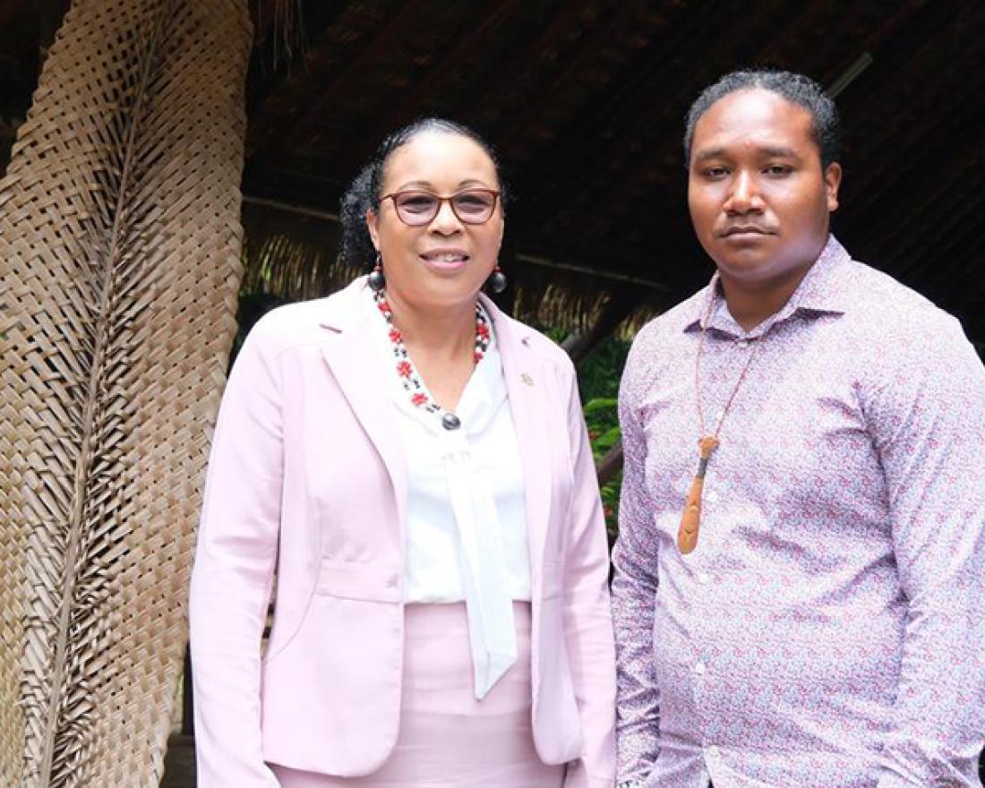 UN News/ Brianna Rowe. Sylvania Burton (l), President of Dominica, with Lorenzo Sanford, Chief of the Kalinago people