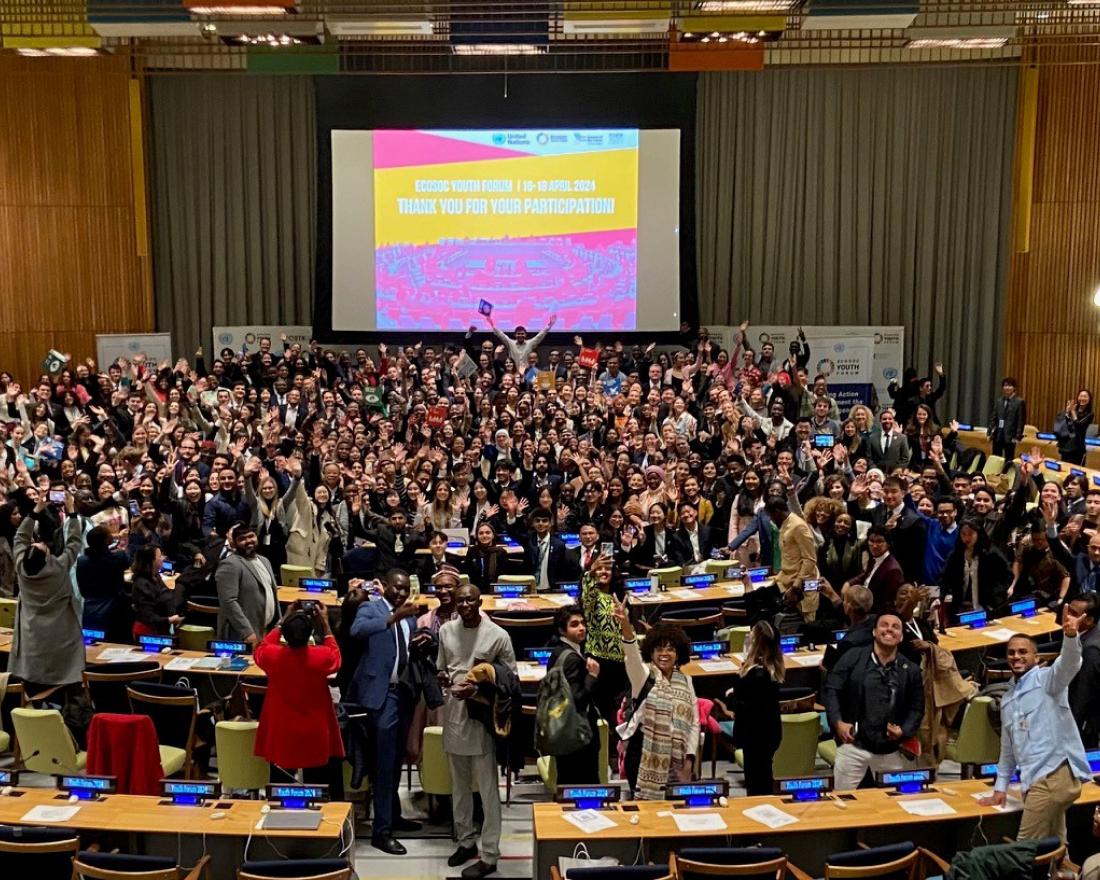 Photo credit: UN DESA / Helen Daun Rosengren. Participants of the ECOSOC Youth Forum gathers for a group photo at the closing of the Forum on 18 April 2024. 