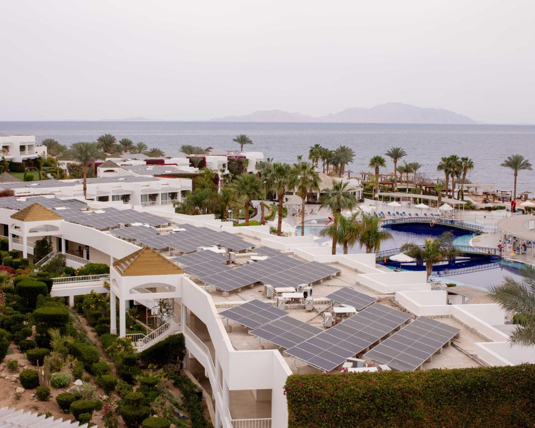 Newly installed solar on the roof of a large hotel 
