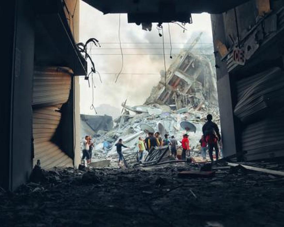 Collapsed buildings following Israeli air strikes in Gaza, Palestine.