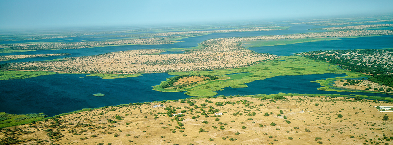 Vue aérienne sur la région du lac Tchad qui montre clairement des symptômes de désertification. 