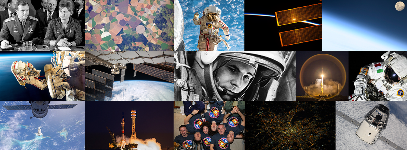 Collage de photos représentant les cosmautes et l'espace.
