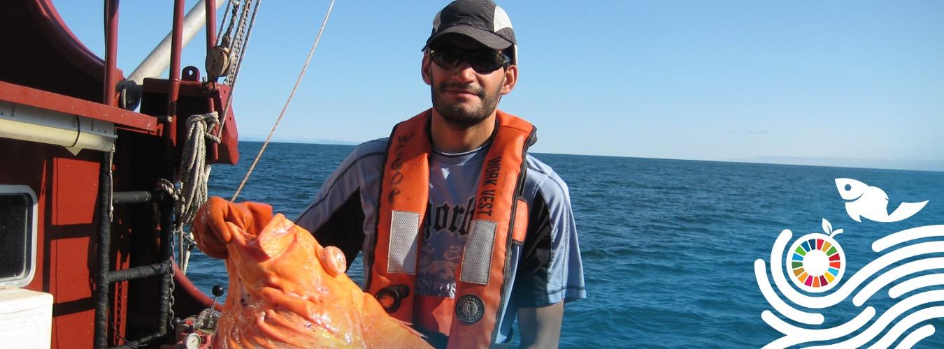 Photo d'un pêcheur sur son bateau tenant un sébaste