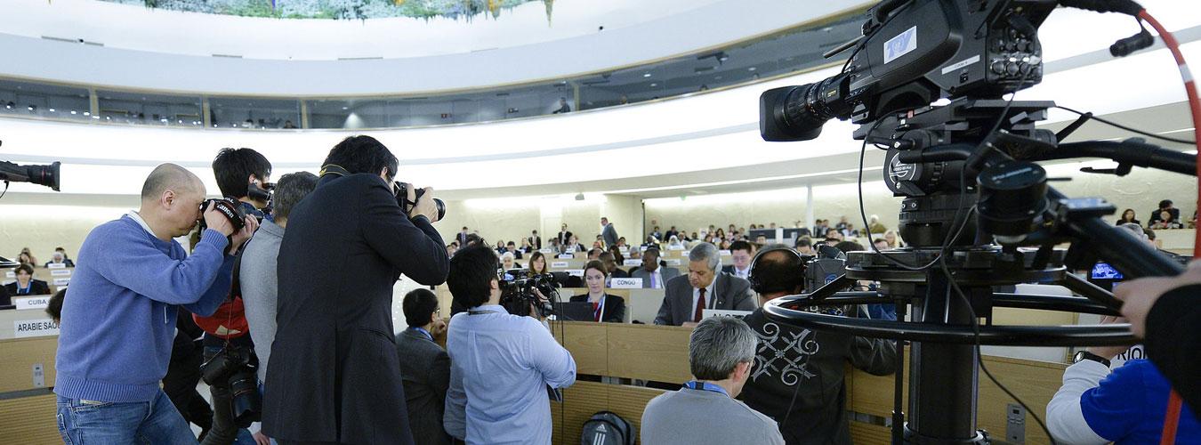 Los medios de comunicación durante el 25º período de sesiones del Consejo de Derechos Humanos.