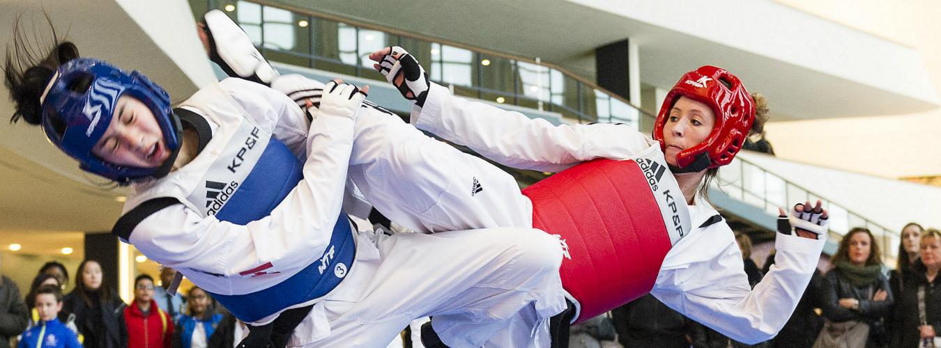 thletes participating at the Launch of the 4th International Day of Sport for Development and Peace. Jade Jones (in red), of the United Kingdom, and Skylar Park (in blue), of Canada, demonstrate Taekwondo in the UN headquarters Visitors Lobby
