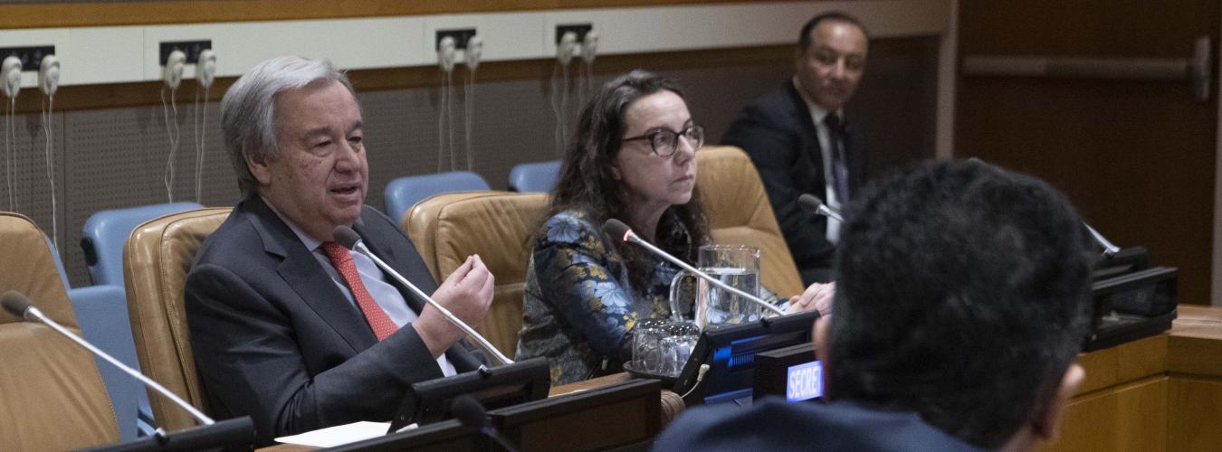 Secretary-General António Guterres (left) delivers his remarks at the meeting of principals on the United Nations Disability Inclusion Strategy. Ms. Ana Maria Menédez, the Secretary-General's Advisor on Policy, is sitting next to him.  
