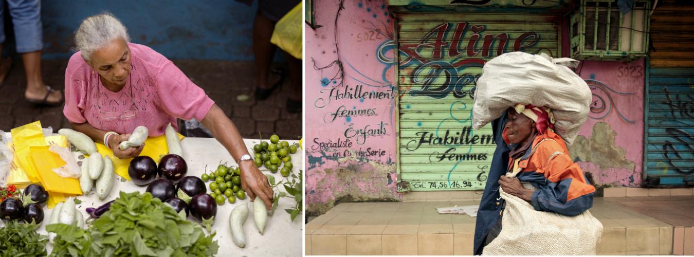 Composición de dos fotos, ambas con mujeres vendedoras de mercados. 