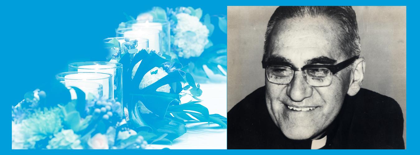 On the left is a photo of candles and wreaths. On the right is a photo of Archbishop Oscar Arnulfo Romero.