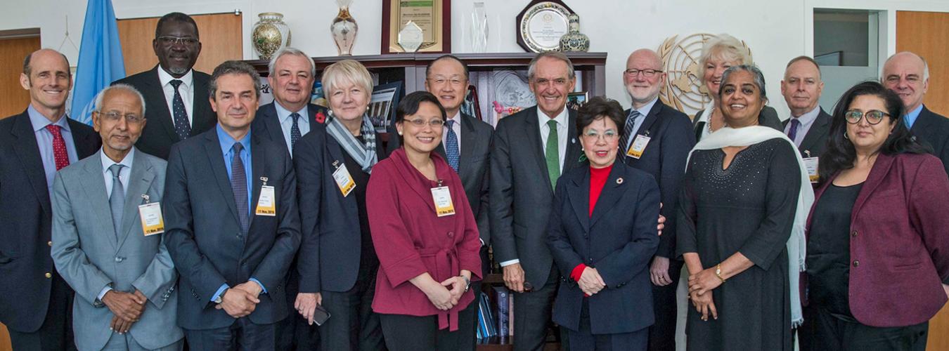 Una foto de grupo de 16 miembros del Equipo de Tareas sobre las Crisis Mundiales de Salud en una oficina de la ONU.