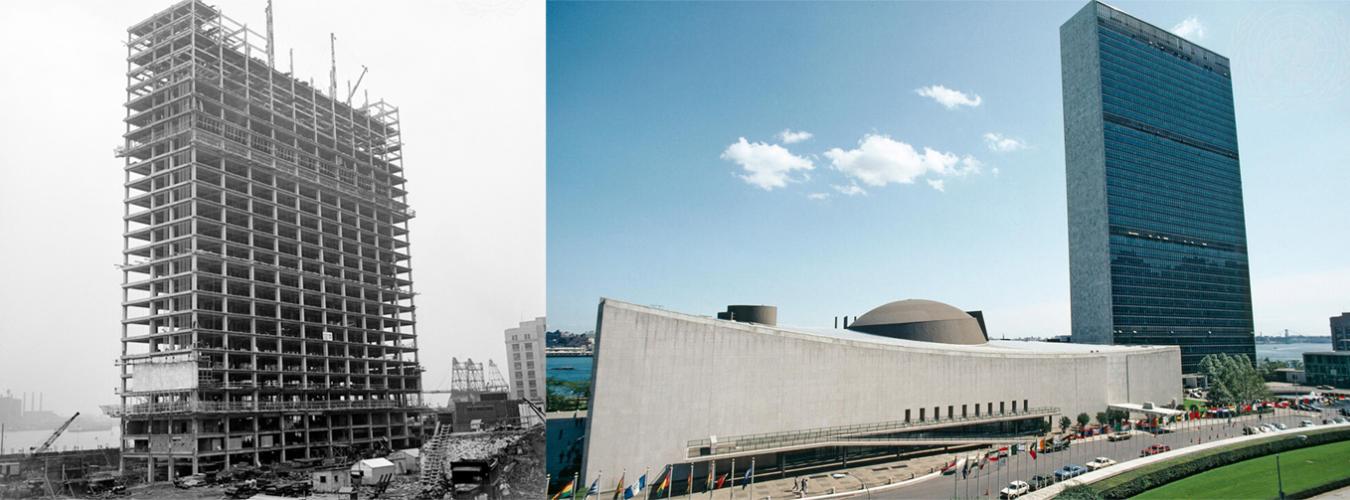 Two images side by side of the UN Secretariat building. At left under construction in 1949. At right, in 1990 with the General Assembly building.