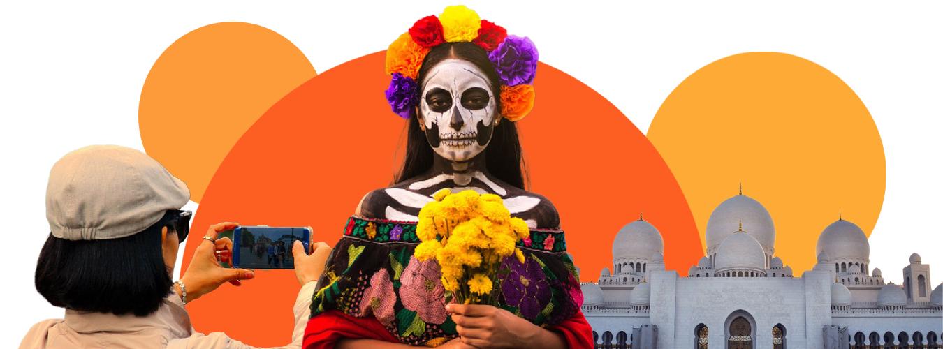 Fotocomposición de una mujer haciendo una foto, una chica con vestimenta y maquillaje del Día de los Muertos y una mezquita.