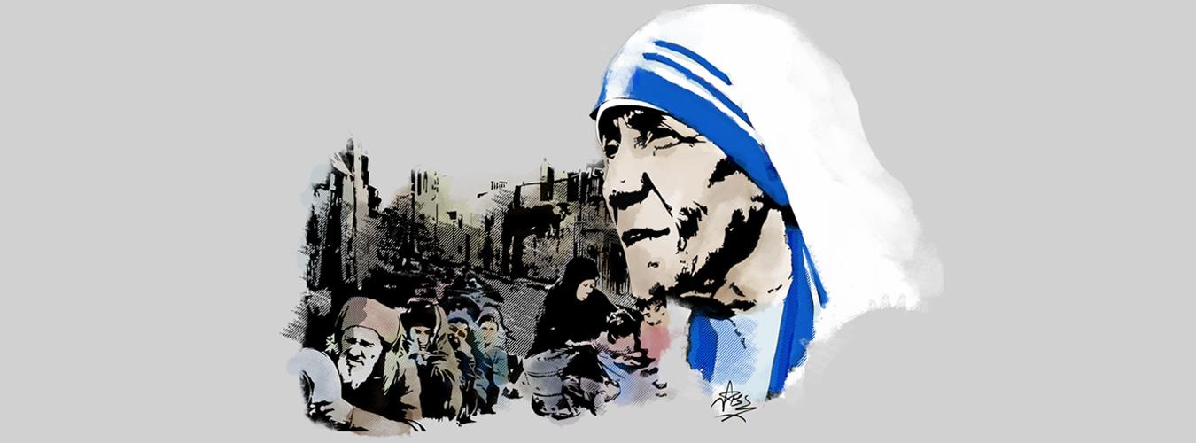 Illustration of Mother Teresa overlooking a scene of people in need.