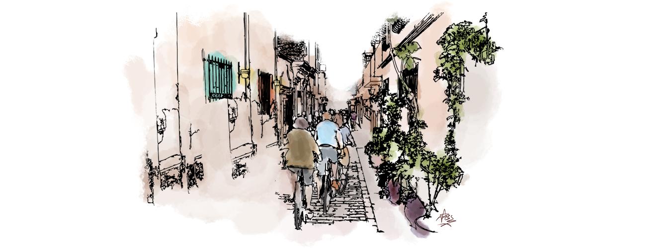 Une illustration d'une ville durable : une rue avec de la verdure et des gens qui se déplacent à pied ou à vélo. 