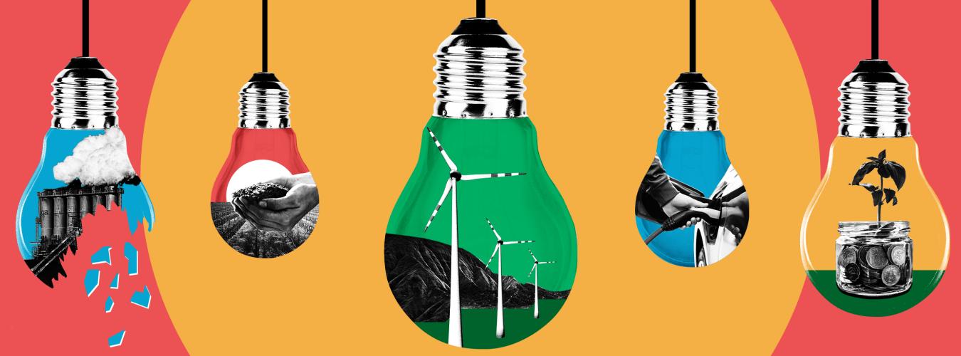 Illustration avec un fond jaune et cinq ampoules avec des illustrations à l'intérieur montrant des exemples d'initiatives d'action climatique.