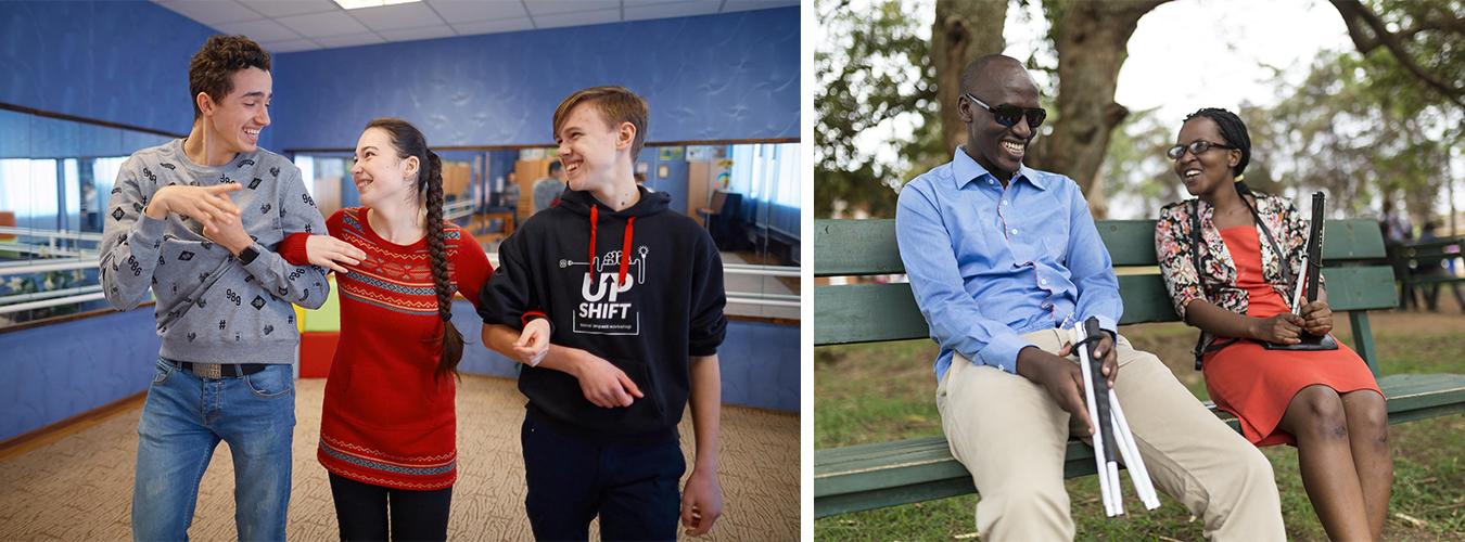 Un collage de deux photos. La première montre trois élèves debout et souriants dans une salle de classe. La deuxième image montre un homme aveugle et une femme aveugle, du Burundi, assis sur un banc, en train de discuter. 