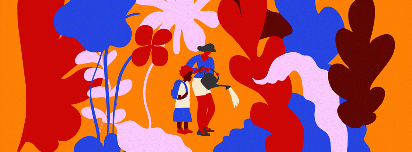 Ilustración de una mujer regando unas plantas ante la mirada de un niño