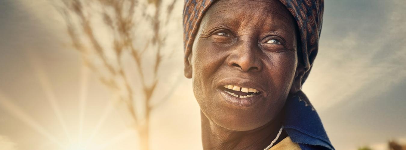 Portrait of an African woman and a tree and a sunset in the background