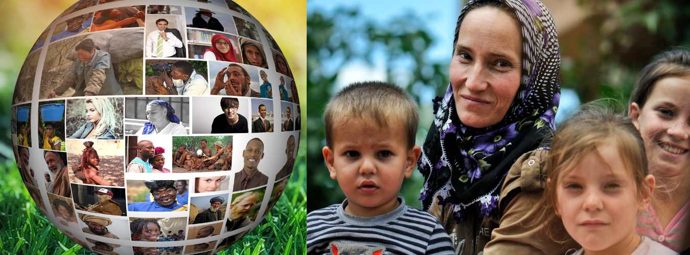 Izquierda: El globo terráqueo con fotos de personas. Derecha: una mujer con pañuelo y sus tres hijos pequeños, todos mirando a cámara. 