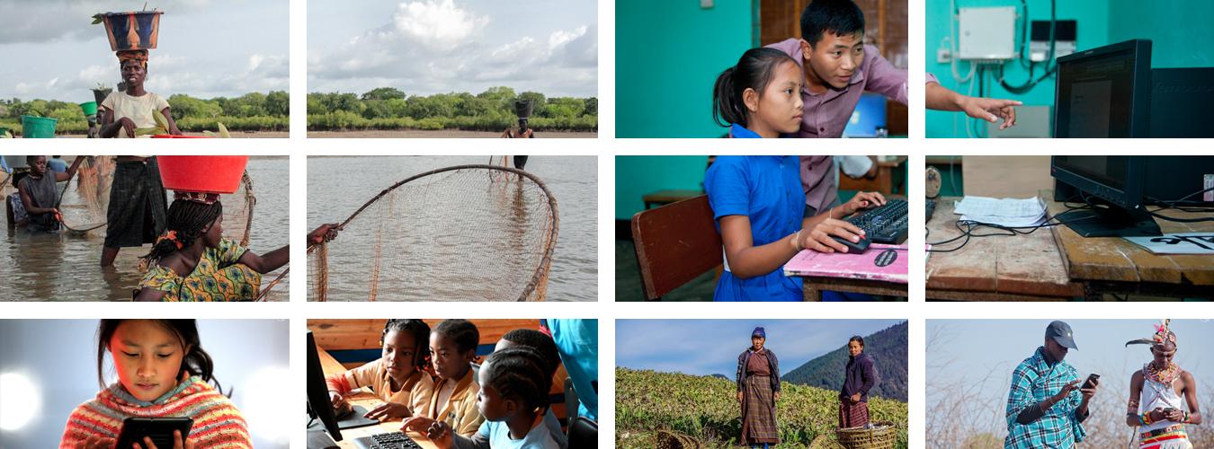 collage of people in least developed countries involved in economic activities such as fishing and farming and telecommunication and information