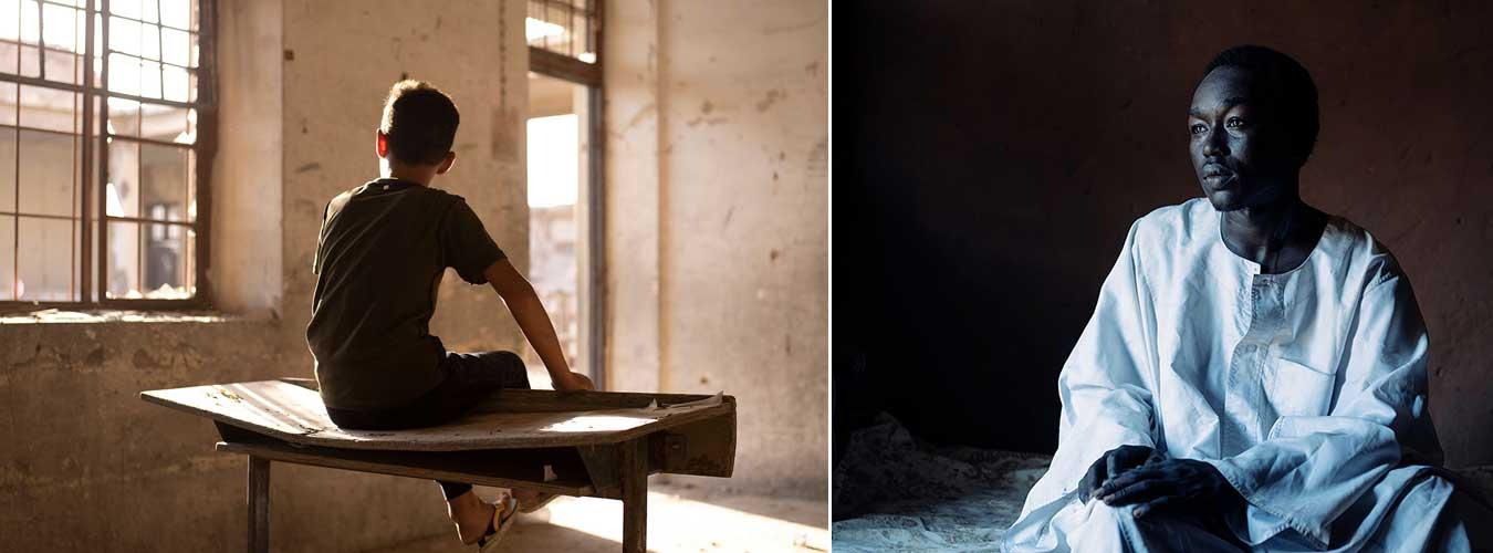 Two photos, on the left we see a boy sitting on top of a desk in a destroyed school; he has his back to us. On the right is a young man facing us dressed in traditional clothes.