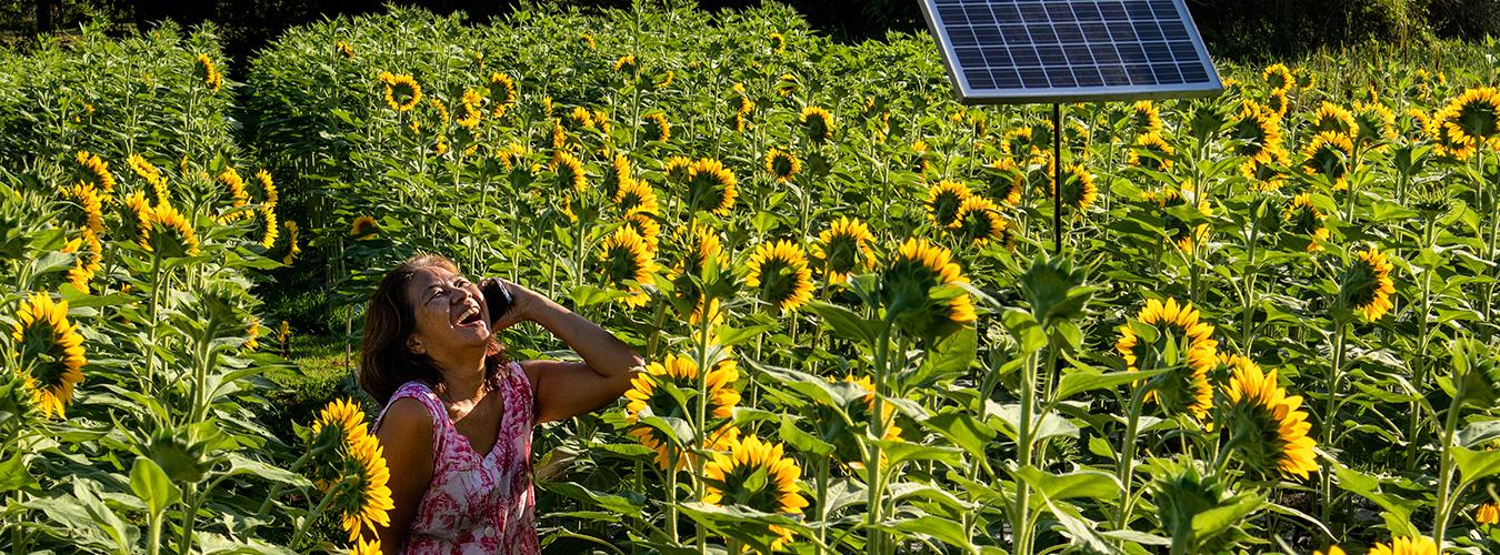 Une jeune femme joyeuse parle au téléphone portable alors qu'elle se trouve dans un champ de tournesols