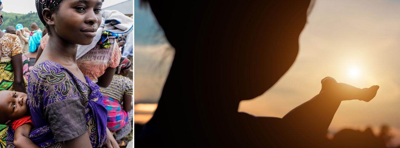 to the left is a photo of a woman carrying a child on her back and to the right is a photo of a person extending their hand into the distance cupping the sun in the horizon.