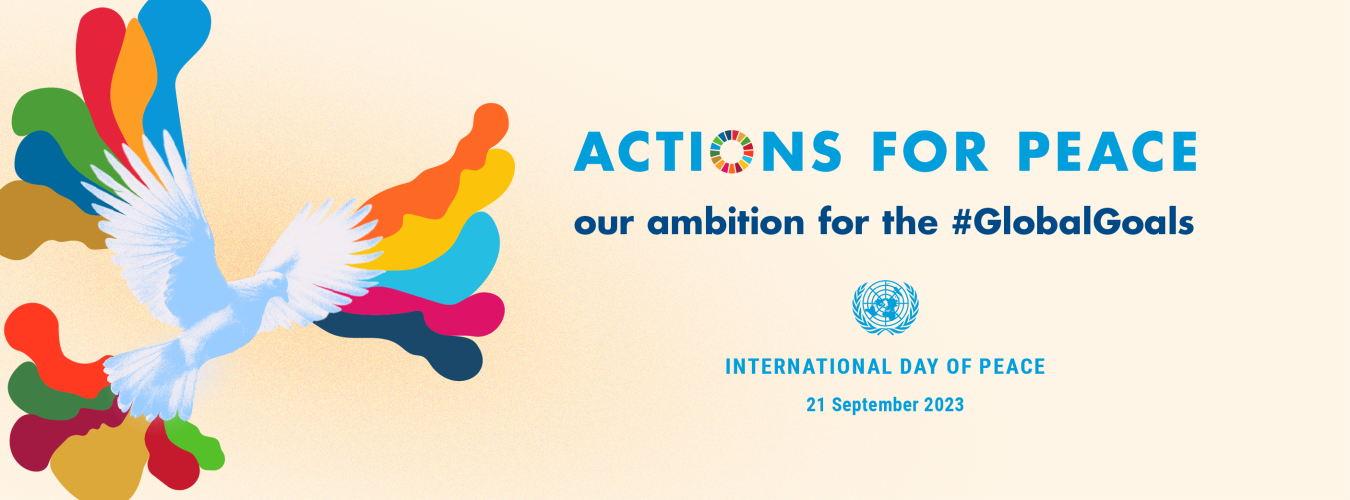 2023 IDP web banner of a dove with the theme - Actions for Peace our ambitions for the #GlobalGoals 
