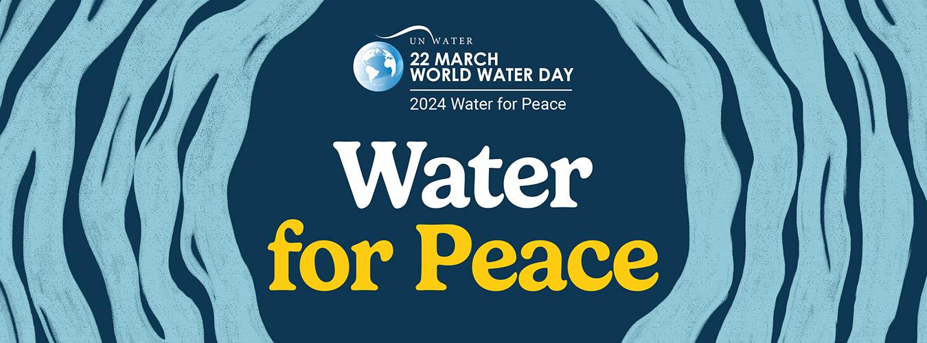 UN World Water Day poster - light blue water ripples on both sides surrounding the planet Earth. 2024 Water for Peace
