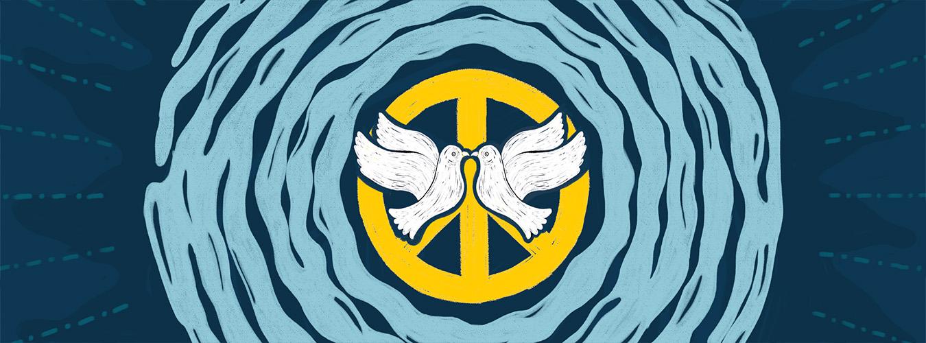 Белые голуби над символом мира в окружении голубых волн