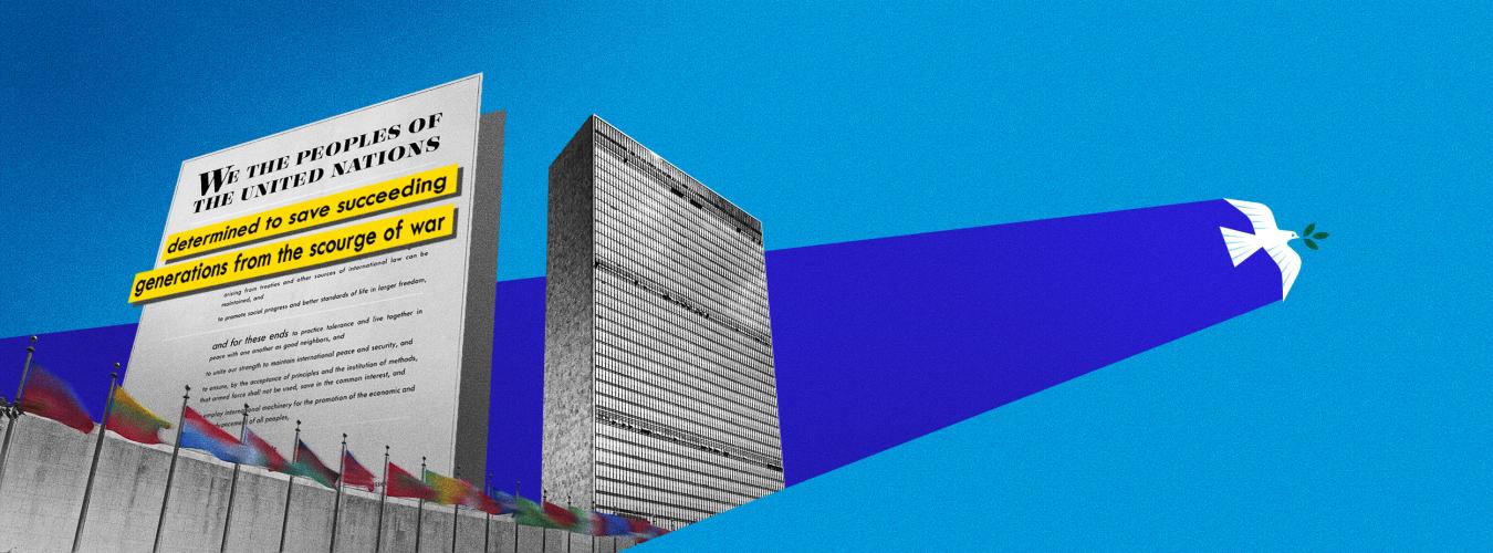 An illustration showing United Nations member nation flags and the United Nations building in New York City, with a white dove flying out of the building and into a background of blue sky