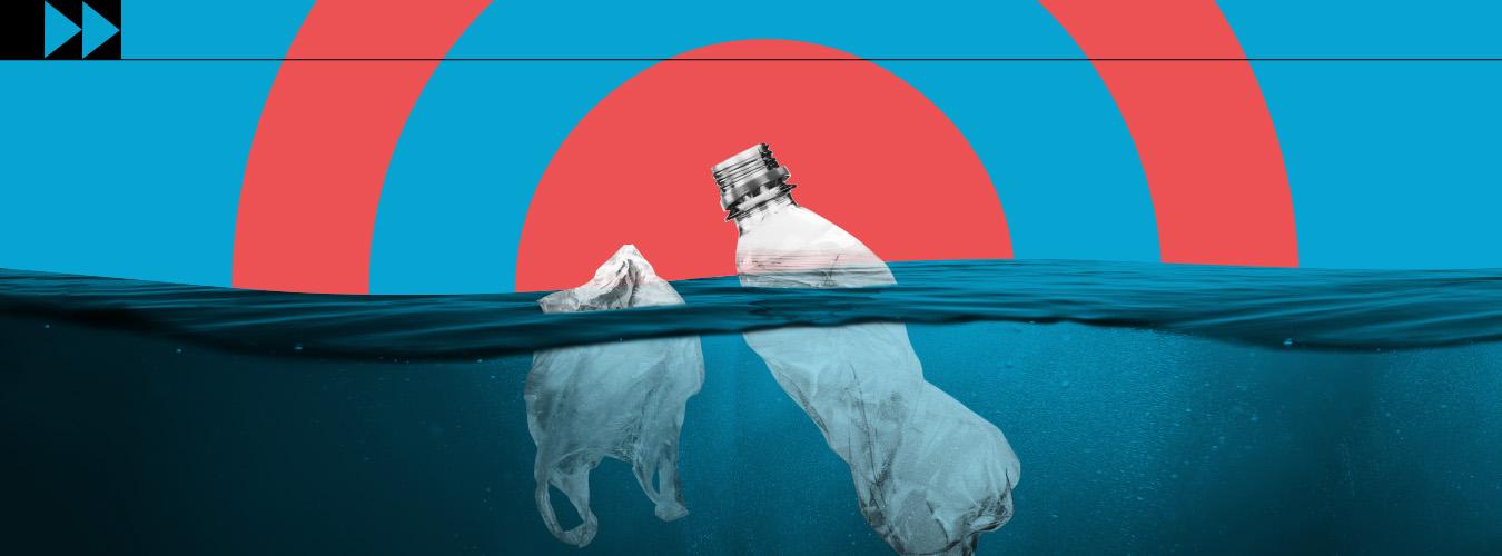 illustation of two plastic bottles floating in the ocean