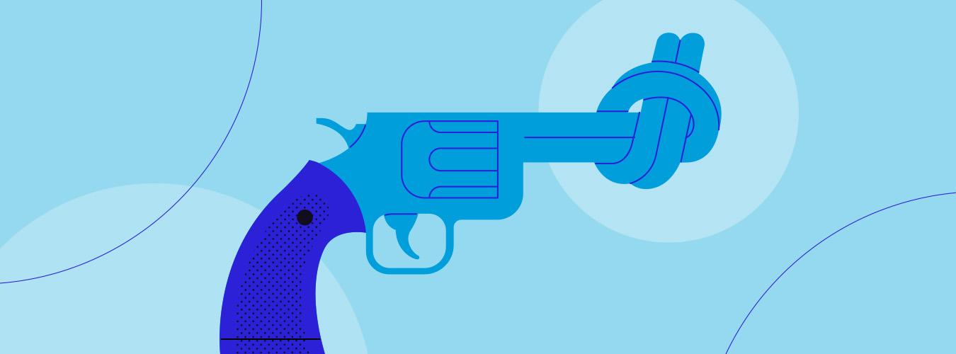 Illustration of the knotted gun sculptor set against a UN-blue background