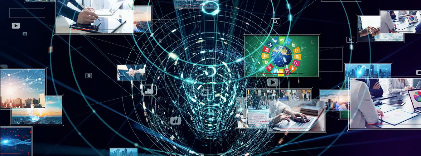 images of people writing around a vortex of lines symbolizing AI