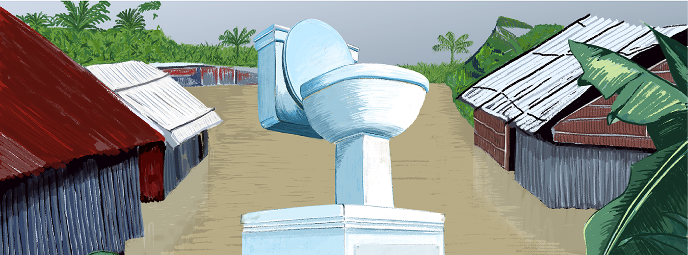 Toilet in a flooded village with humble houses