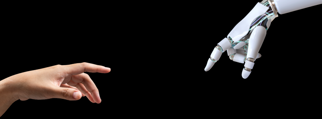 A human hand in one corner reaches out to a robotic hand in the opposing corner