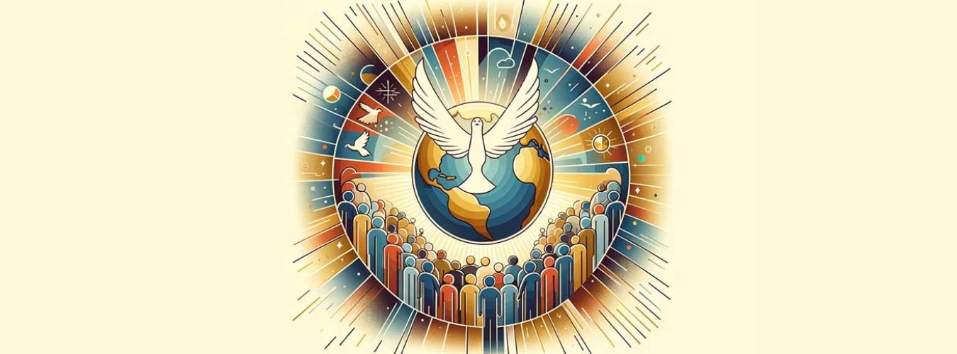 illustration d'un grand groupe de personnes semblant se diriger vers la planète terre avec une grande colombe s'envolant de la planète