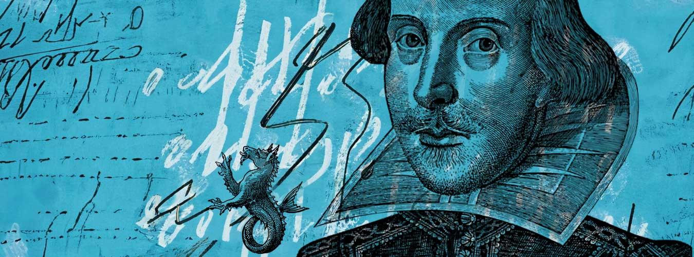 Collage of illustrations depicting William Shakespeare, a dragon-like seahorse, and scribbles over a blue background.