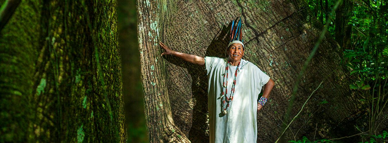 Un membre d’une communauté autochtone dans une forêt.