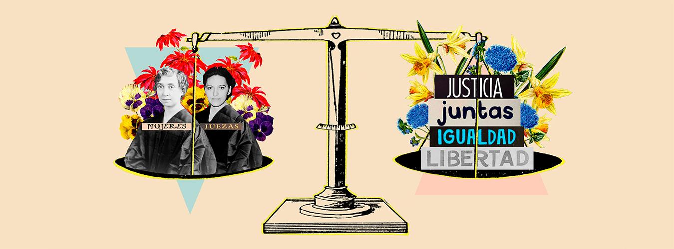 Ilustración de una balanza de la justicia con una foto de dos juezas con la toga en un lado, y unos carteles que leen "justicia, igualdad, juntas, libertad" en el otro lado.
